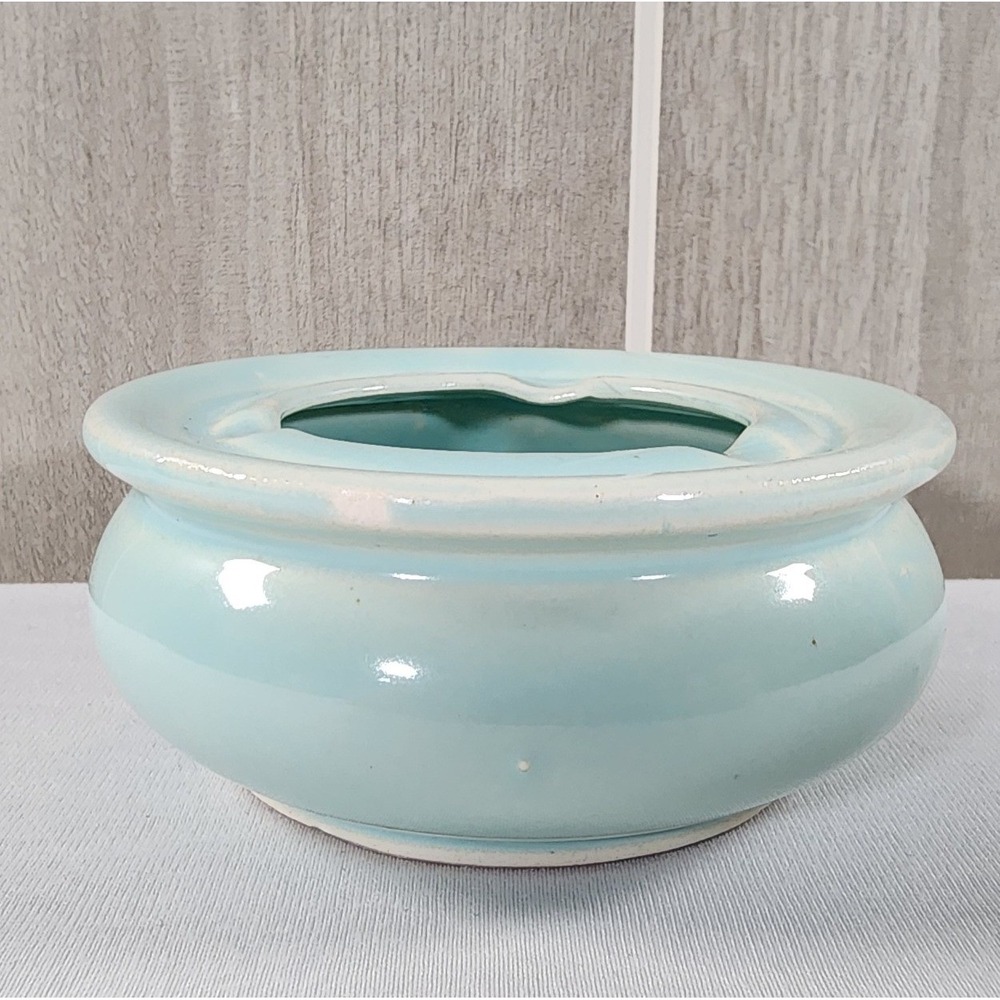 Vintage Aqua Blue Ceramic Ashtray Mid Century Modern Round Pottery Retro Glazed
